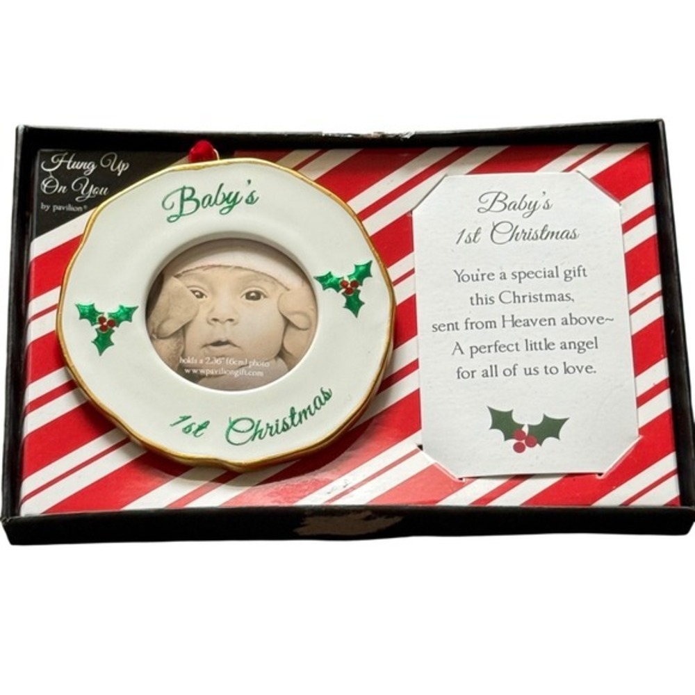 Pavilion Baby's 1st Christmas Ornament frame ceramic round 2.36in Holly‎ Gold